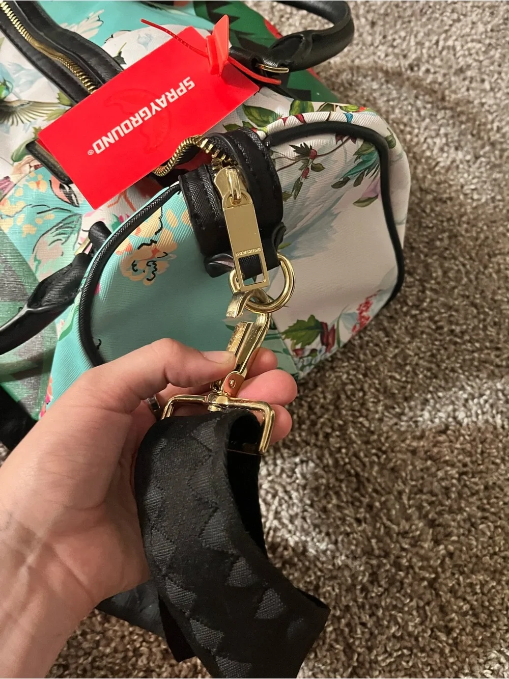 Sprayground Floral Shark Satchel in Teal, Black, Pink